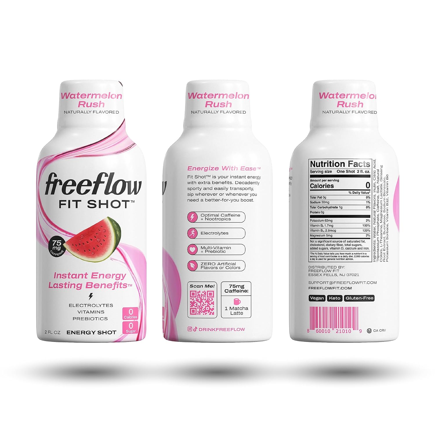 Watermelon Rush Freeflow Fit Energy Shots - Natural Caffeine Boost with L-theanine, Ginseng, Vitamins, Prebiotics, Electrolytes (6 Count, 2oz) - BoostGo Australia