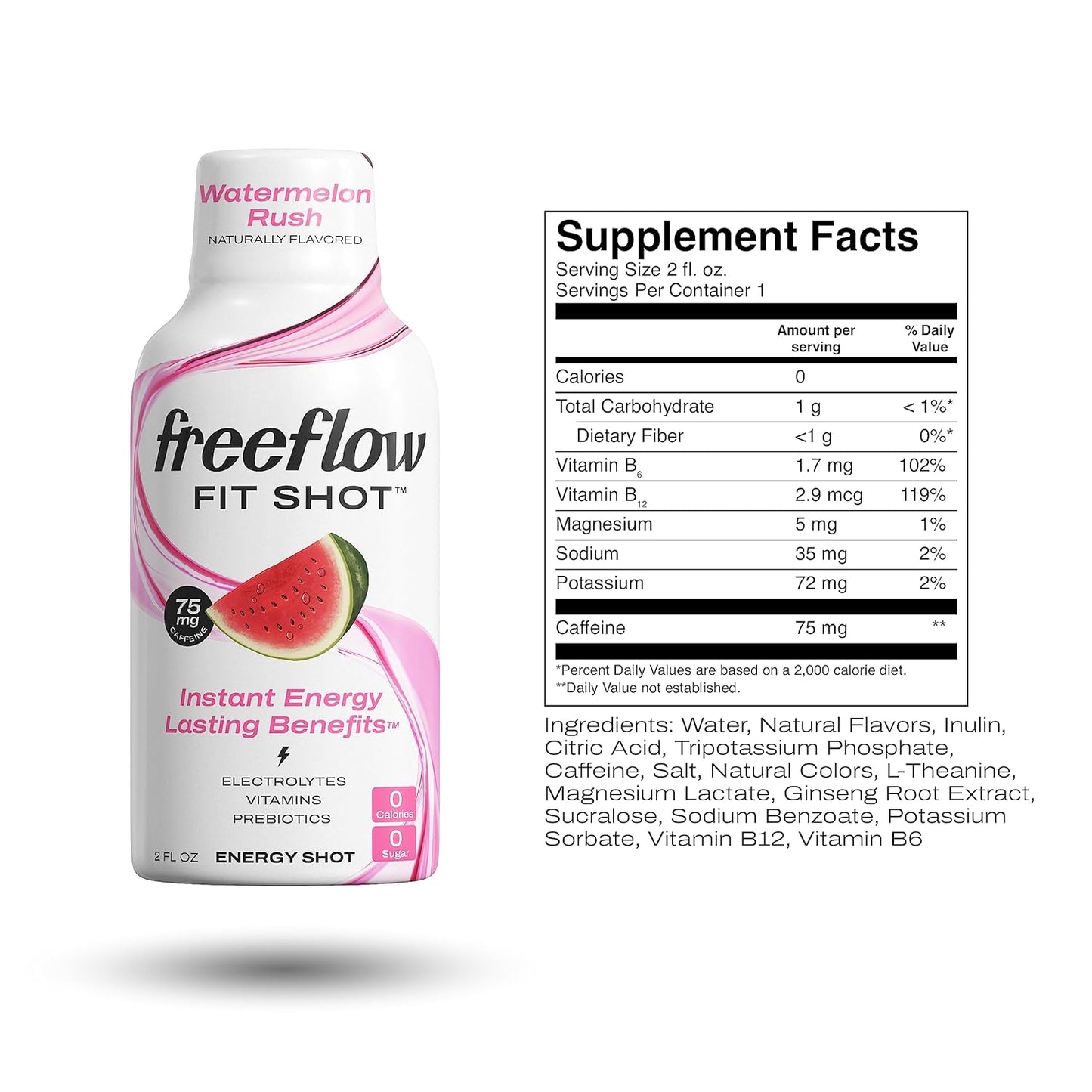 Watermelon Rush Freeflow Fit Energy Shots - Natural Caffeine Boost with L-theanine, Ginseng, Vitamins, Prebiotics, Electrolytes (6 Count, 2oz) - BoostGo Australia