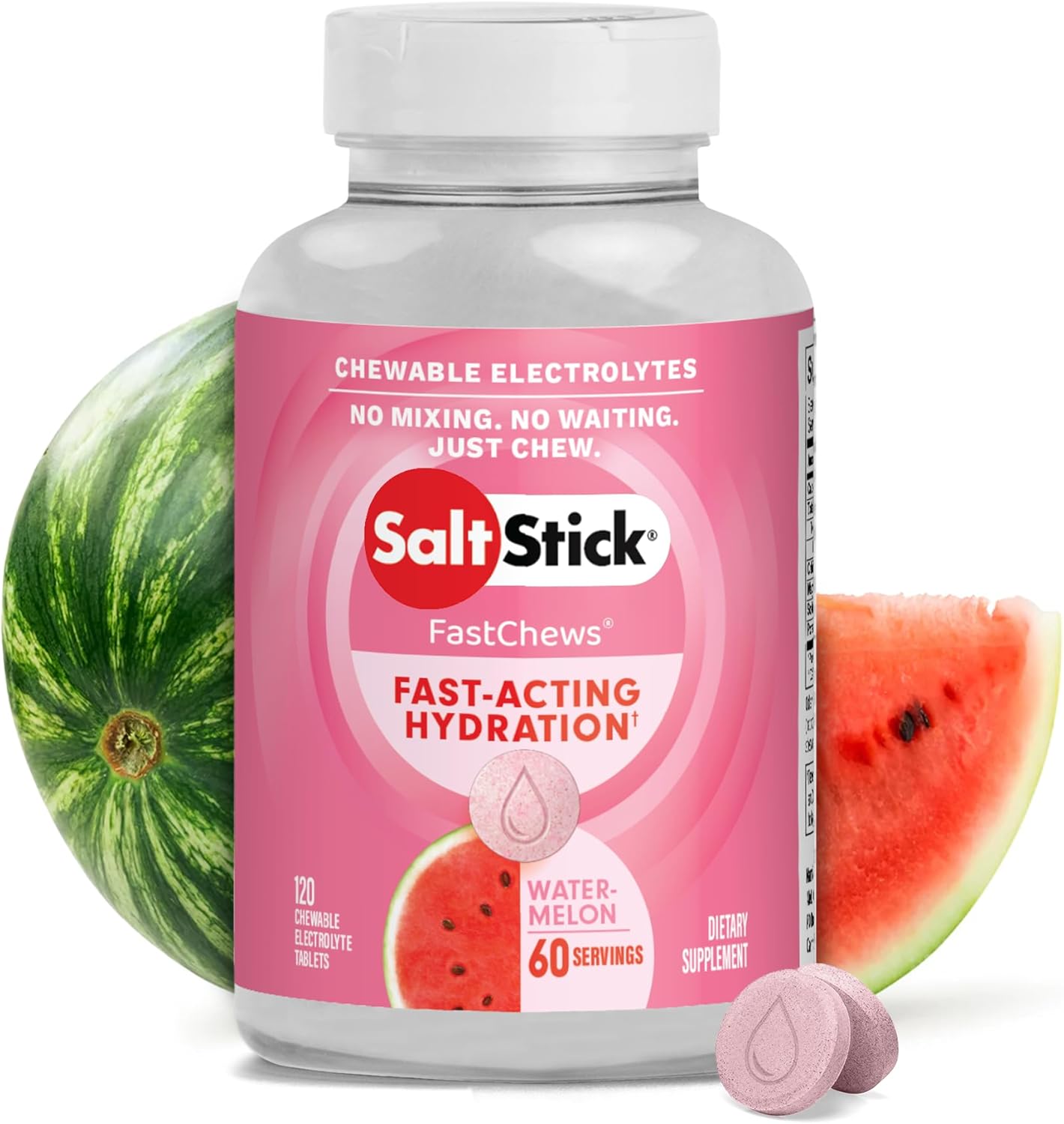 Watermelon SaltStick Electrolyte FastChews - Chewable Tablets for Runners - Hydration Electrolyte Chews - 120 Count