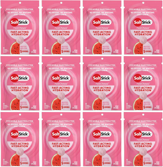 Watermelon SaltStick Electrolyte FastChews Chewable Tablets - 120 Count for Runners & Sports Nutrition (12 Packets)
