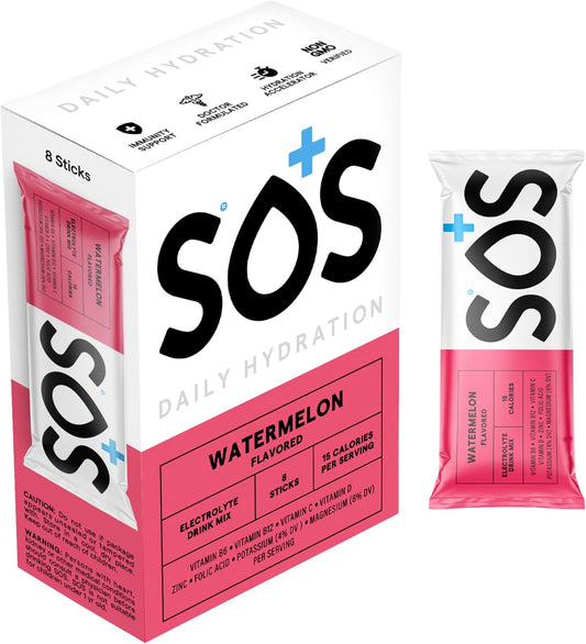 Watermelon SOS Hydration Electrolyte Powder Drink Mix Packets - Daily Hydration & Energy with Essential Vitamins - Low Sugar - 8 Servings