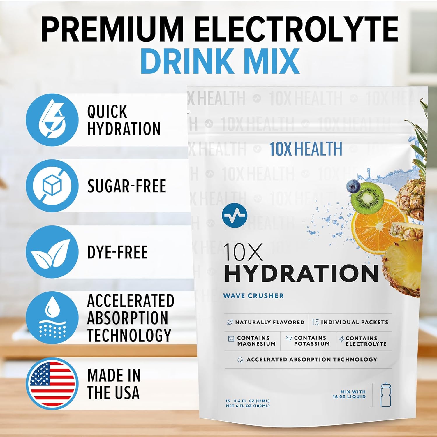 Wave Crusher Electrolyte Drink Mix Liquid Packets - 10X Health System Hydration with Magnesium Citrate, Sodium, and Potassium - Natural Flavored Electrolyte - 15 Stickpacks