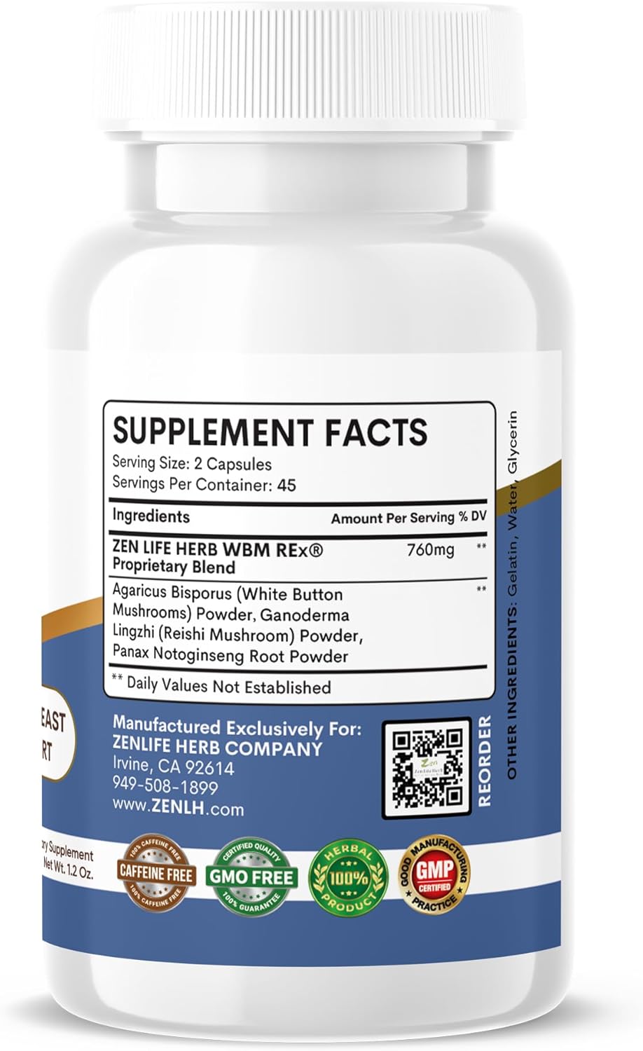 WBM REx White Button Mushrooms Ginseng Immune Support Supplement - Prostate & Breast Health (60 Capsules)