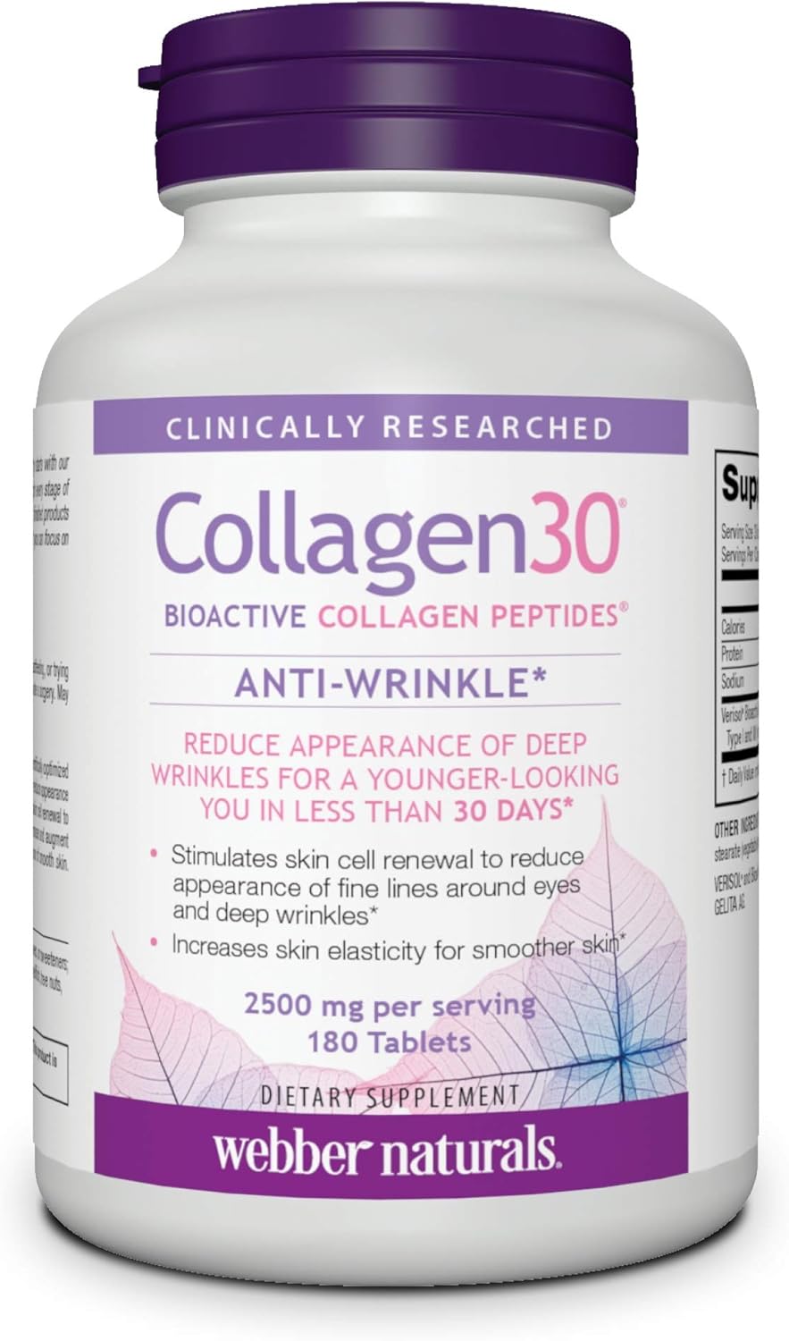 Webber Naturals Collagen30 Anti-Wrinkle Tablets with 2,500mg of Bioactive Collagen Peptides - 180 Count, Non GMO, Dairy & Gluten Free - Reduce Deep Wrinkles & Fine Lines, Stimulate Skin Cells