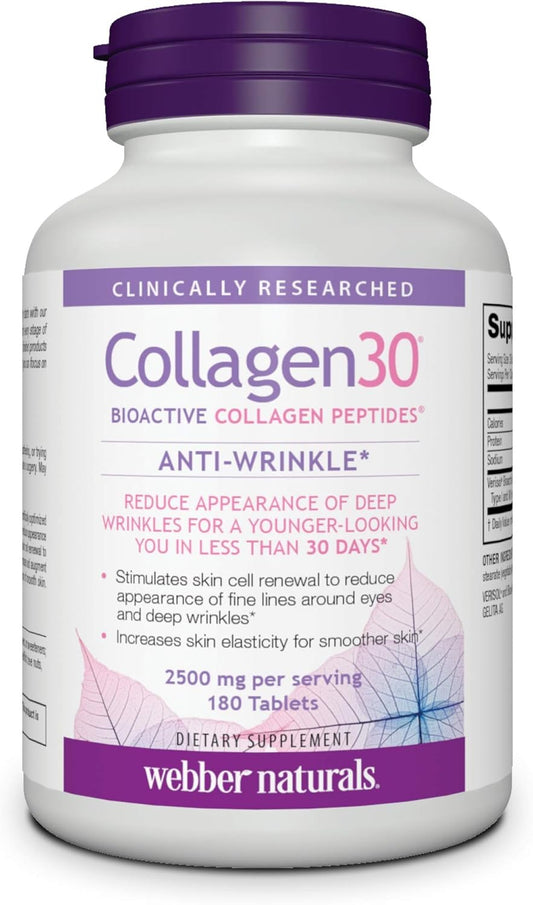 Webber Naturals Collagen30 Anti-Wrinkle Tablets with 2,500mg of Bioactive Collagen Peptides - 180 Count, Non GMO, Dairy & Gluten Free - Reduce Deep Wrinkles & Fine Lines, Stimulate Skin Cells