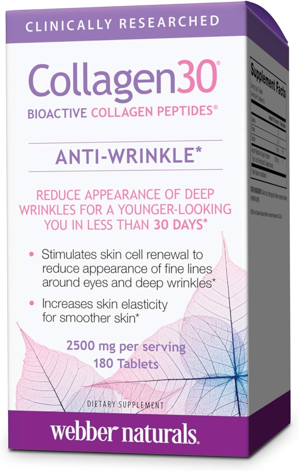 Webber Naturals Collagen30 Anti-Wrinkle Tablets with 2,500mg of Bioactive Collagen Peptides - 180 Count, Non GMO, Dairy & Gluten Free - Reduce Deep Wrinkles & Fine Lines, Stimulate Skin Cells