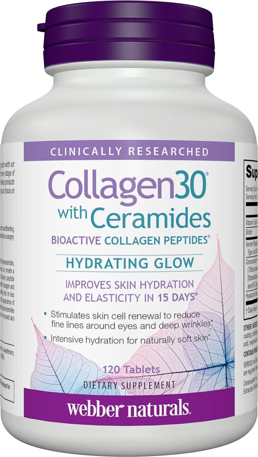 Webber Naturals Collagen30 with Ceramides, Bioactive Peptides, 120 Tablets, Hydrating Glow, Improve Skin Hydration, Elasticity, Smoothness, Non-GMO, Dairy & Gluten Free