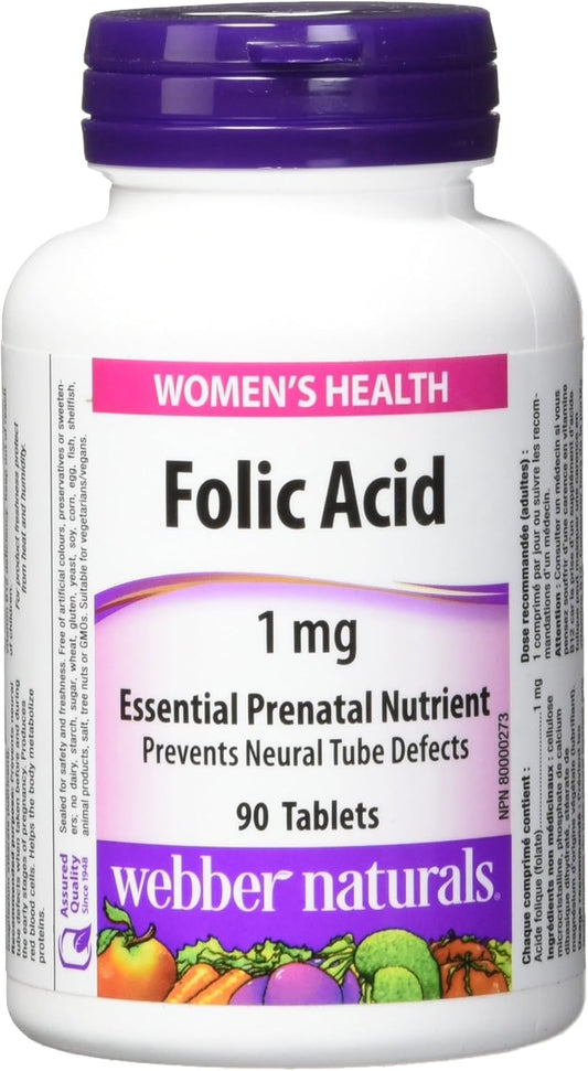 Webber Naturals Folic Acid Supplement, 1 mg, 90 Tablets for Daily Health Support
