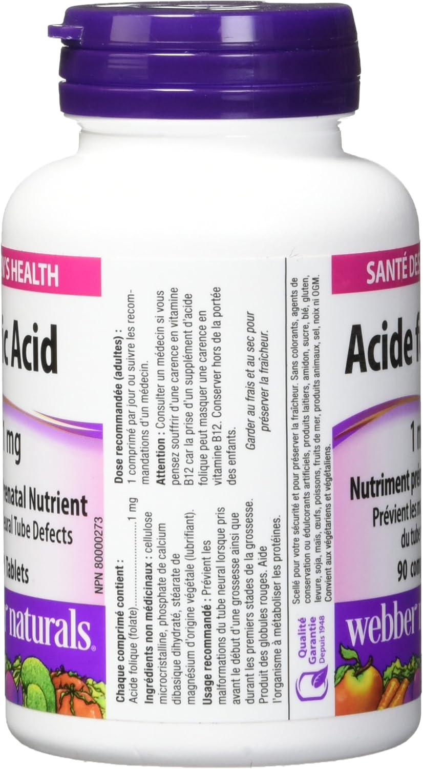 Webber Naturals Folic Acid Supplement, 1 mg, 90 Tablets for Daily Health Support