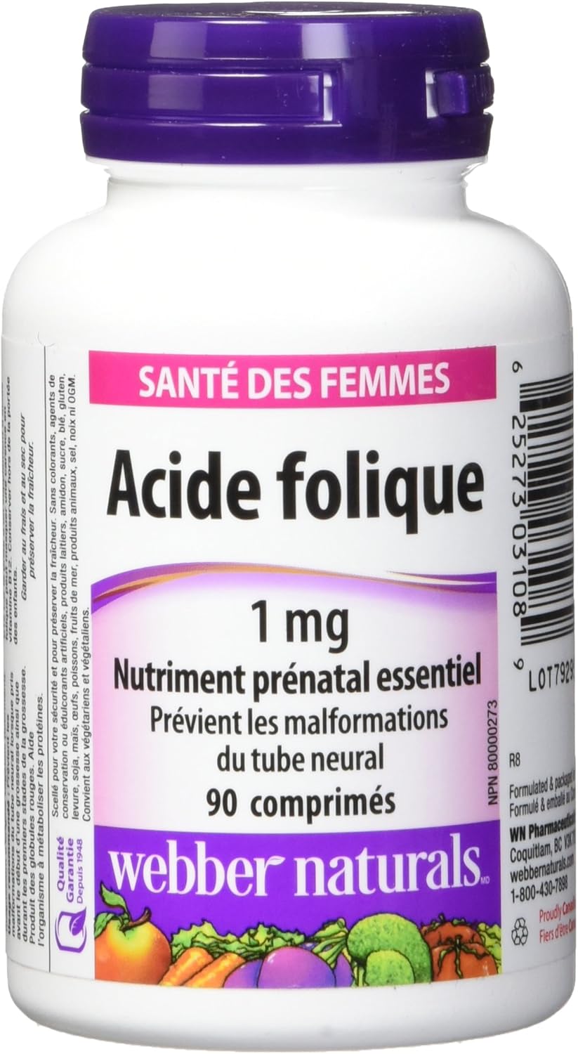Webber Naturals Folic Acid Supplement, 1 mg, 90 Tablets for Daily Health Support