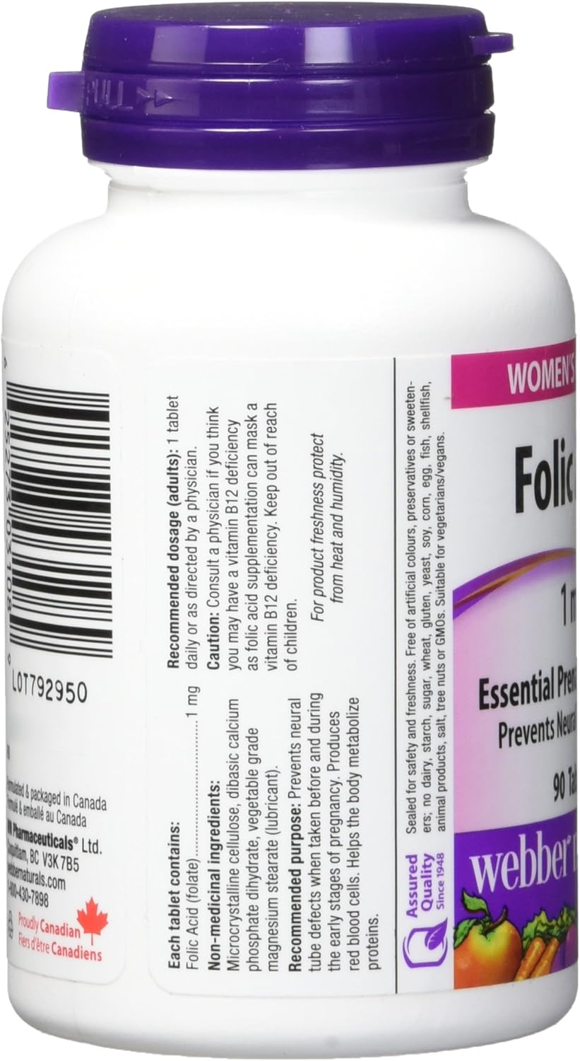 Webber Naturals Folic Acid Supplement, 1 mg, 90 Tablets for Daily Health Support