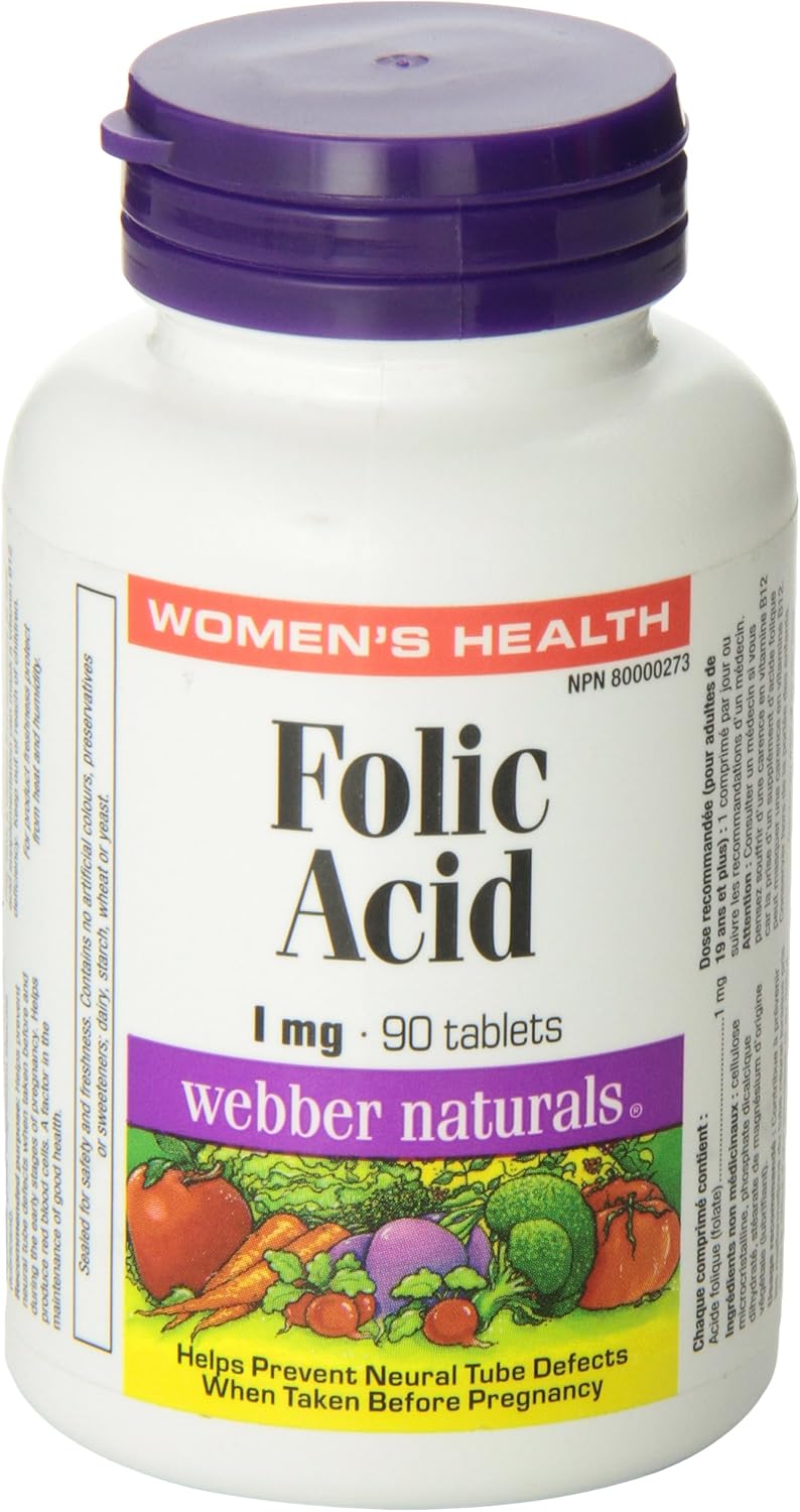 Webber Naturals Folic Acid Supplement, 1 mg, 90 Tablets for Daily Health Support