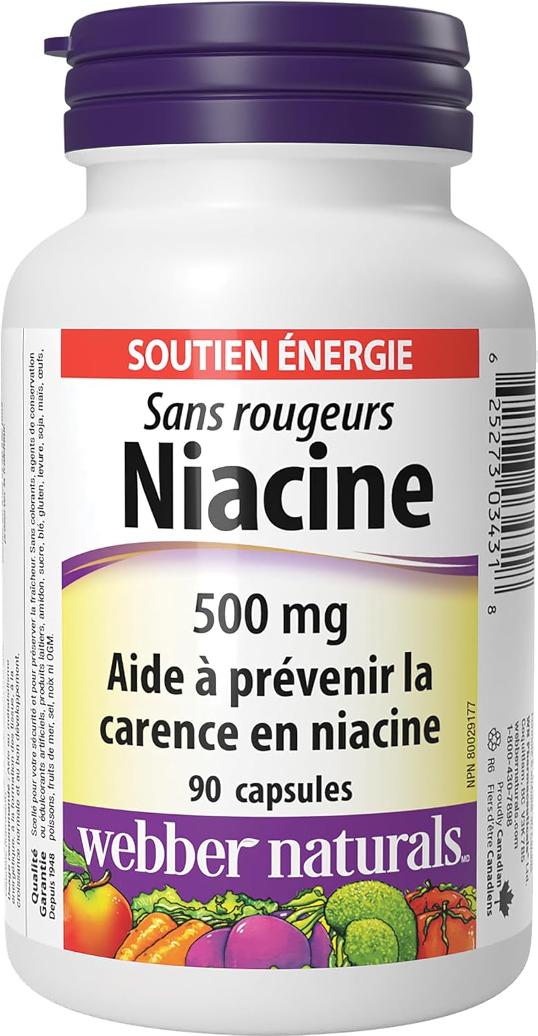 Webber Naturals No Flush Niacin Vitamin B3 Capsules, 500mg - 90 Count Bottle