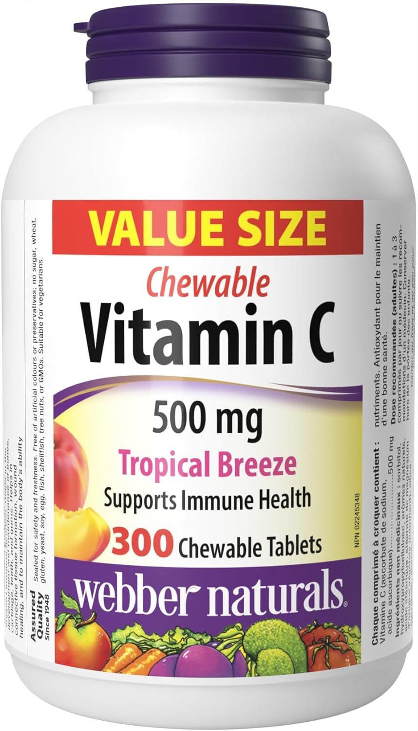 Webber Naturals Vitamin C Chewable Tablets - Tropical Breeze Flavor, 500mg Per Tablet for Immune & Antioxidant Support, Non GMO, Dairy & Gluten Free