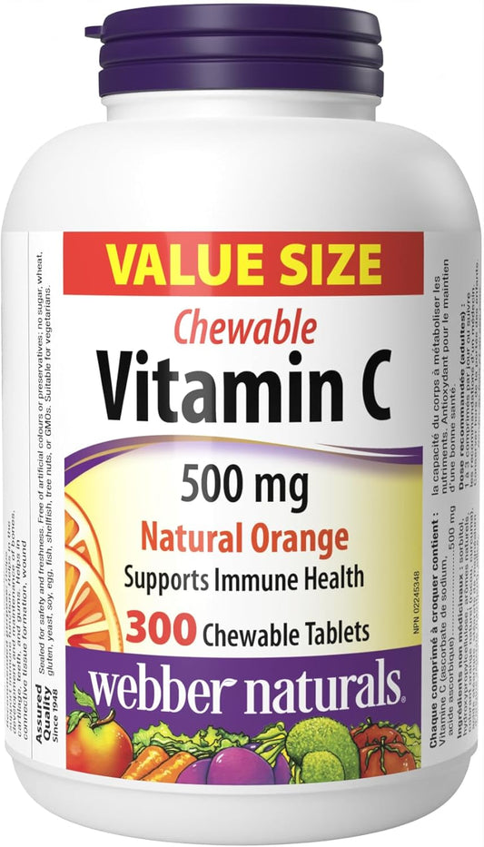 Webber Naturals Vitamin C Chewable Tablets, 300 Count, 500mg Per Tablet, Supports Immune System and Antioxidant Defense for Bones and Teeth