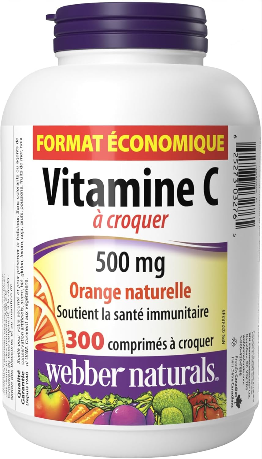 Webber Naturals Vitamin C Chewable Tablets, 300 Count, 500mg Per Tablet, Supports Immune System and Antioxidant Defense for Bones and Teeth