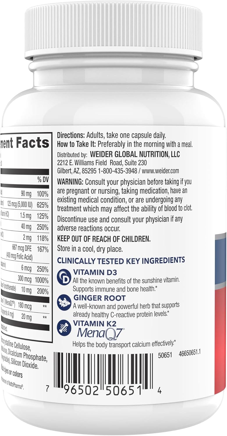 Weider Artery Health Supplement with Vitamin K2 & D3 - 30 Veggie Capsules for Heart, Immune, and Bone Support