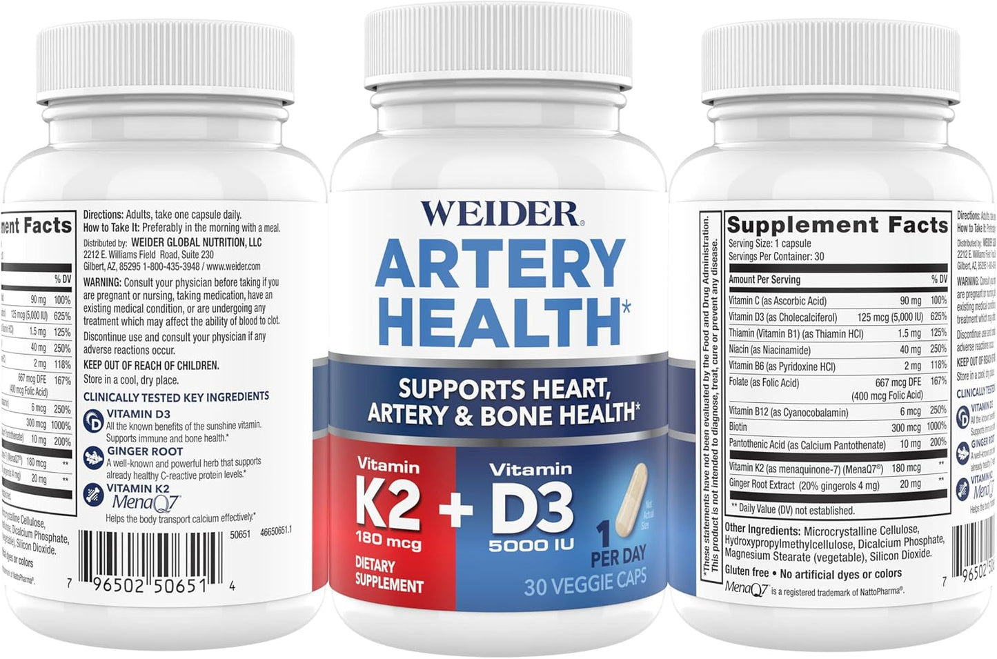 Weider Artery Health Supplement with Vitamin K2 & D3 - 30 Veggie Capsules for Heart, Immune, and Bone Support