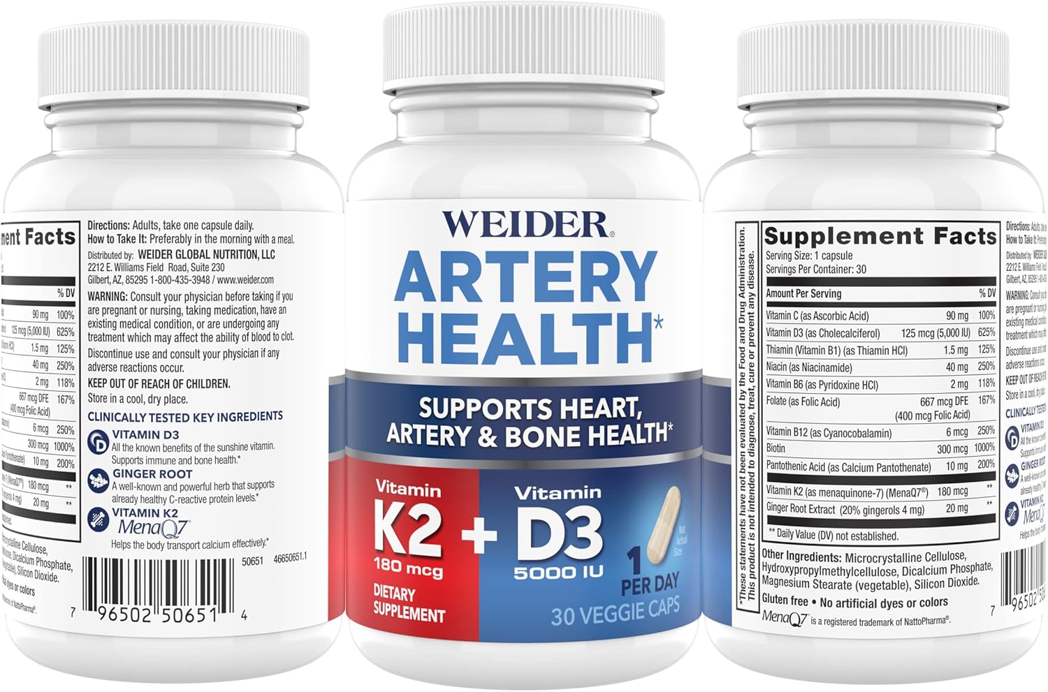 Weider Artery Health Supplement with Vitamin K2 & D3 - 30 Veggie Capsules for Heart, Immune, and Bone Support
