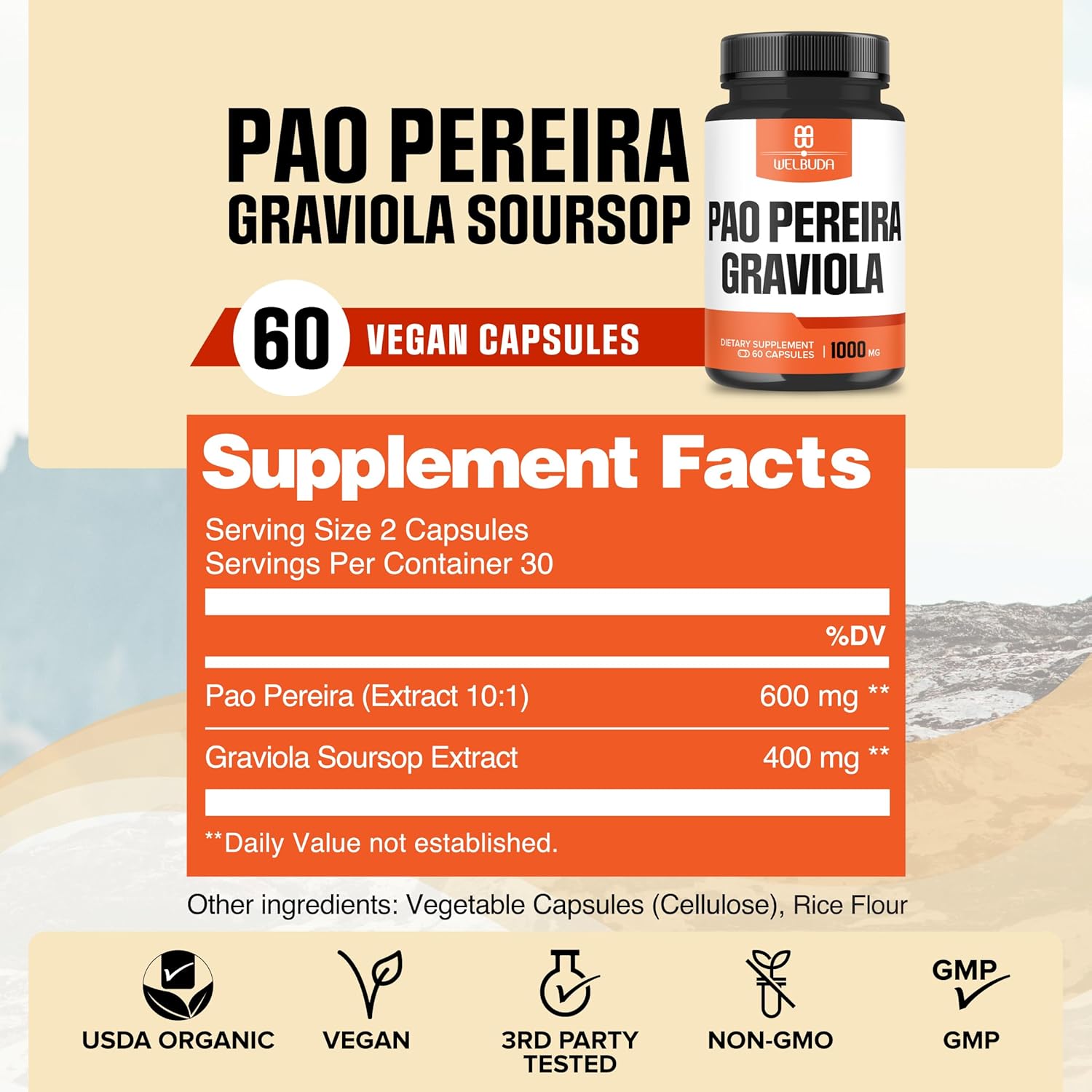 WELBUDA 600mg Pao Pereira Extract 10:1 & Graviola Soursop Capsules - Immune System & Mood Support