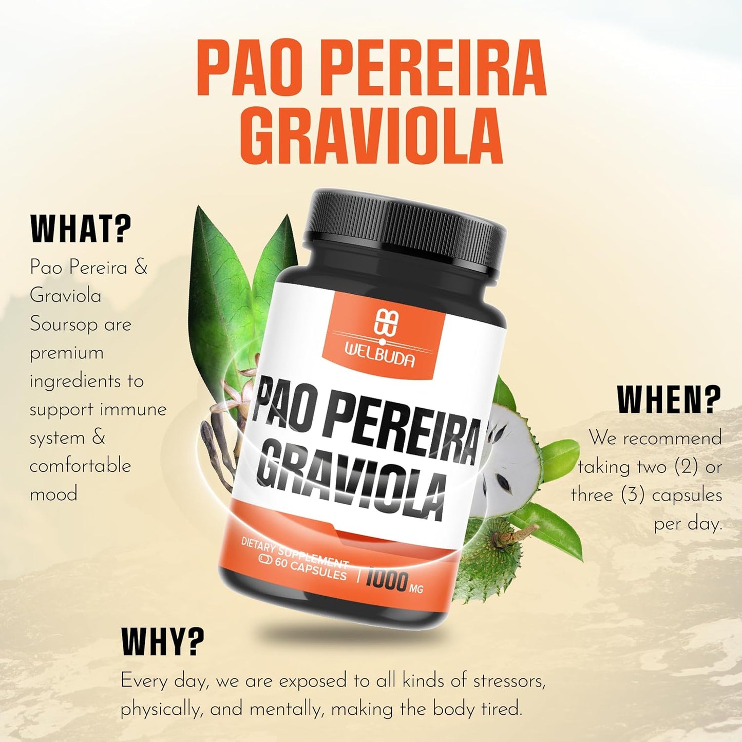 WELBUDA 600mg Pao Pereira Extract 10:1 & Graviola Soursop Capsules - Immune System & Mood Support