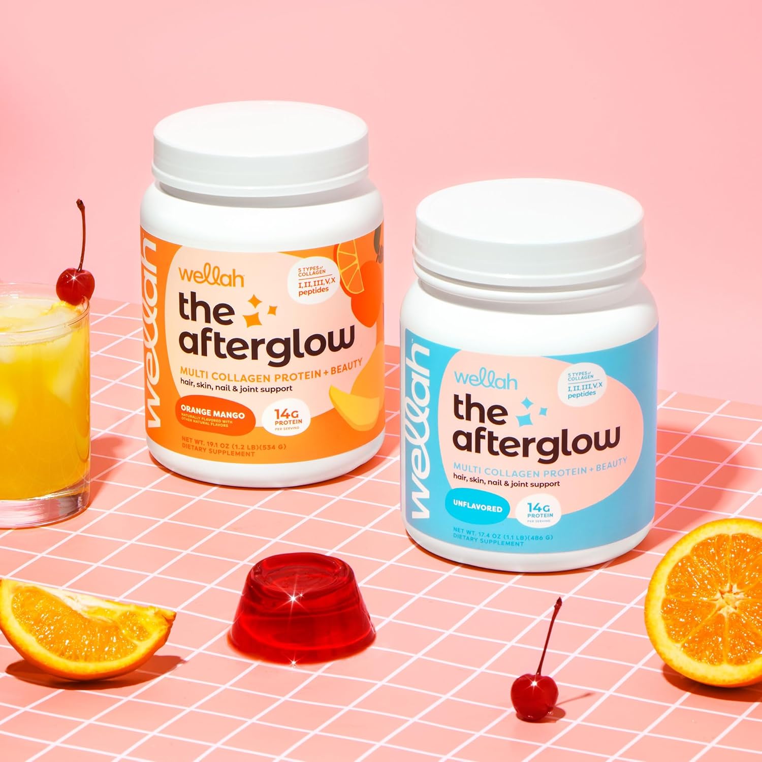 Wellah Afterglow Multi Collagen Protein + Beauty Supplement (30 Servings, Orange Mango) - Supports Hair, Skin, Nails, Joints - Non-GMO, Gluten Free