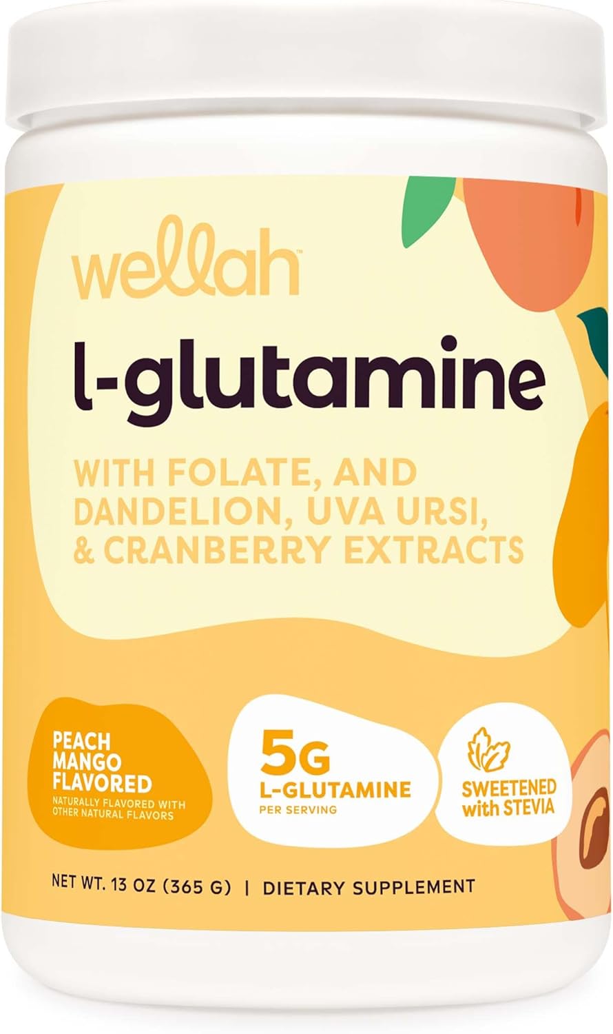 Wellah L-Glutamine Peach Mango Powder - 5g L-Glutamine per Serving, 50 Servings, Stevia-Sweetened