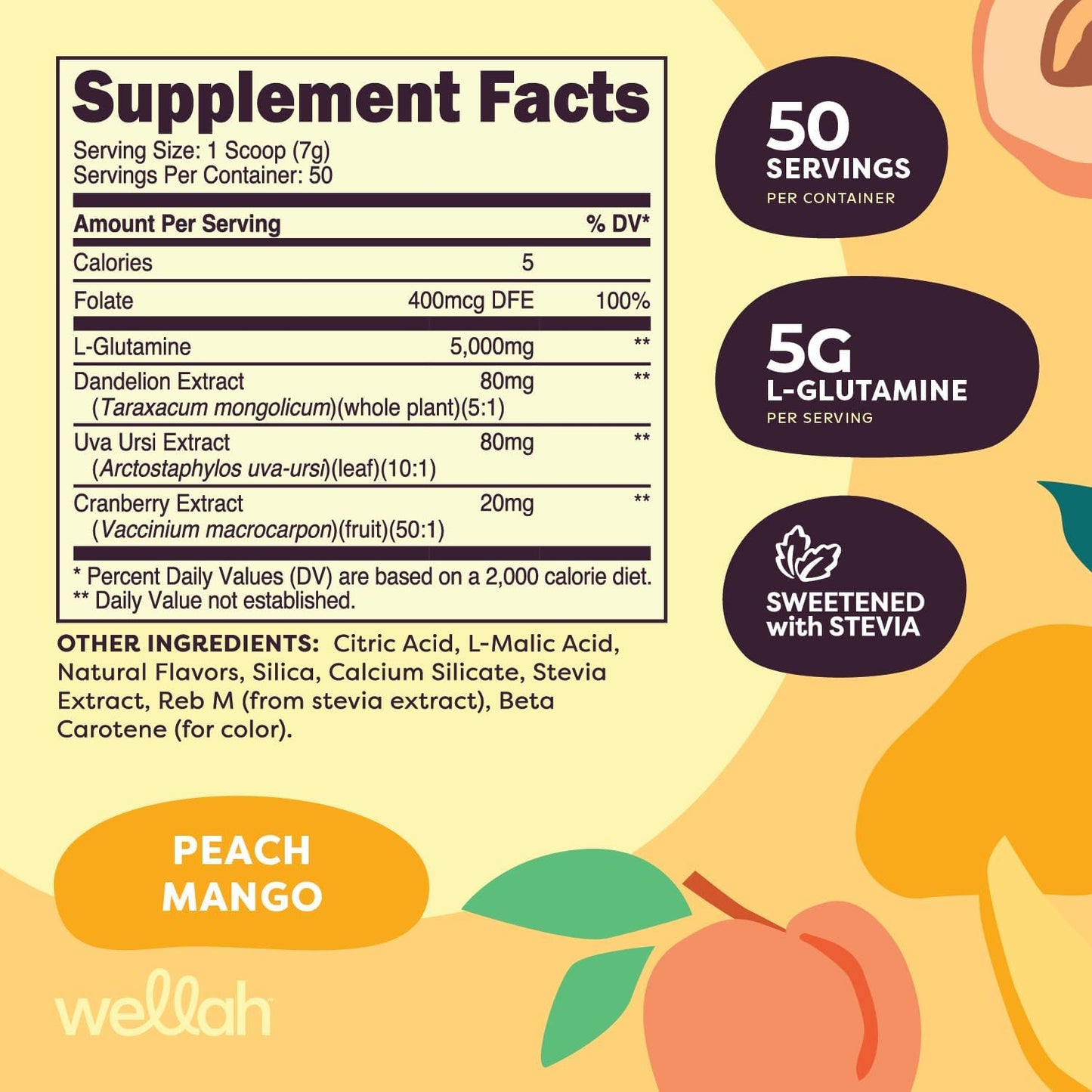Wellah L-Glutamine Peach Mango Powder - 5g L-Glutamine per Serving, 50 Servings, Stevia-Sweetened