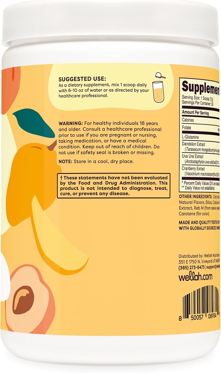 Wellah L-Glutamine Peach Mango Powder - 5g L-Glutamine per Serving, 50 Servings, Stevia-Sweetened