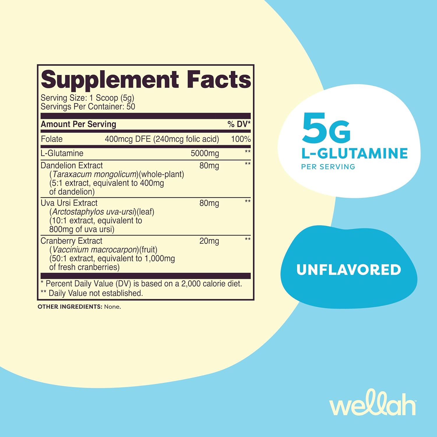 Wellah L-Glutamine Powder: Unflavored, 5g per Serving, Sweetened with Stevia - 50 Servings