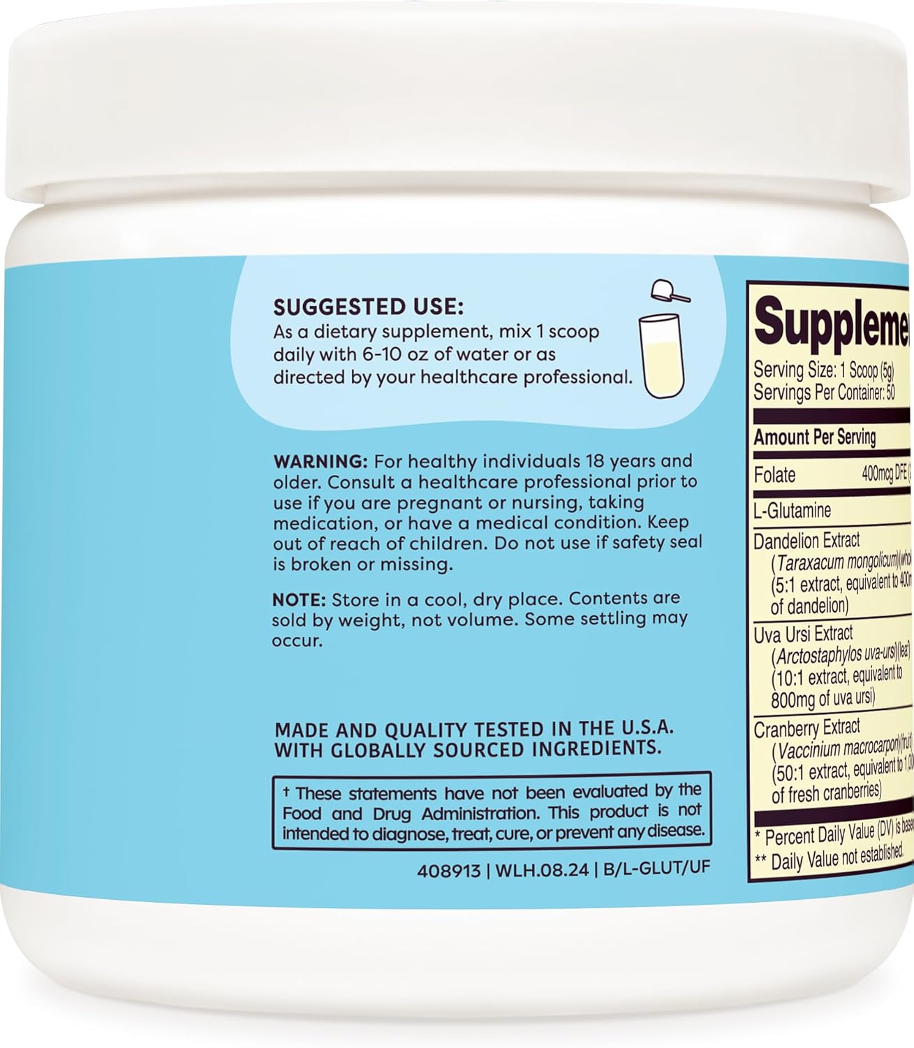 Wellah L-Glutamine Powder: Unflavored, 5g per Serving, Sweetened with Stevia - 50 Servings