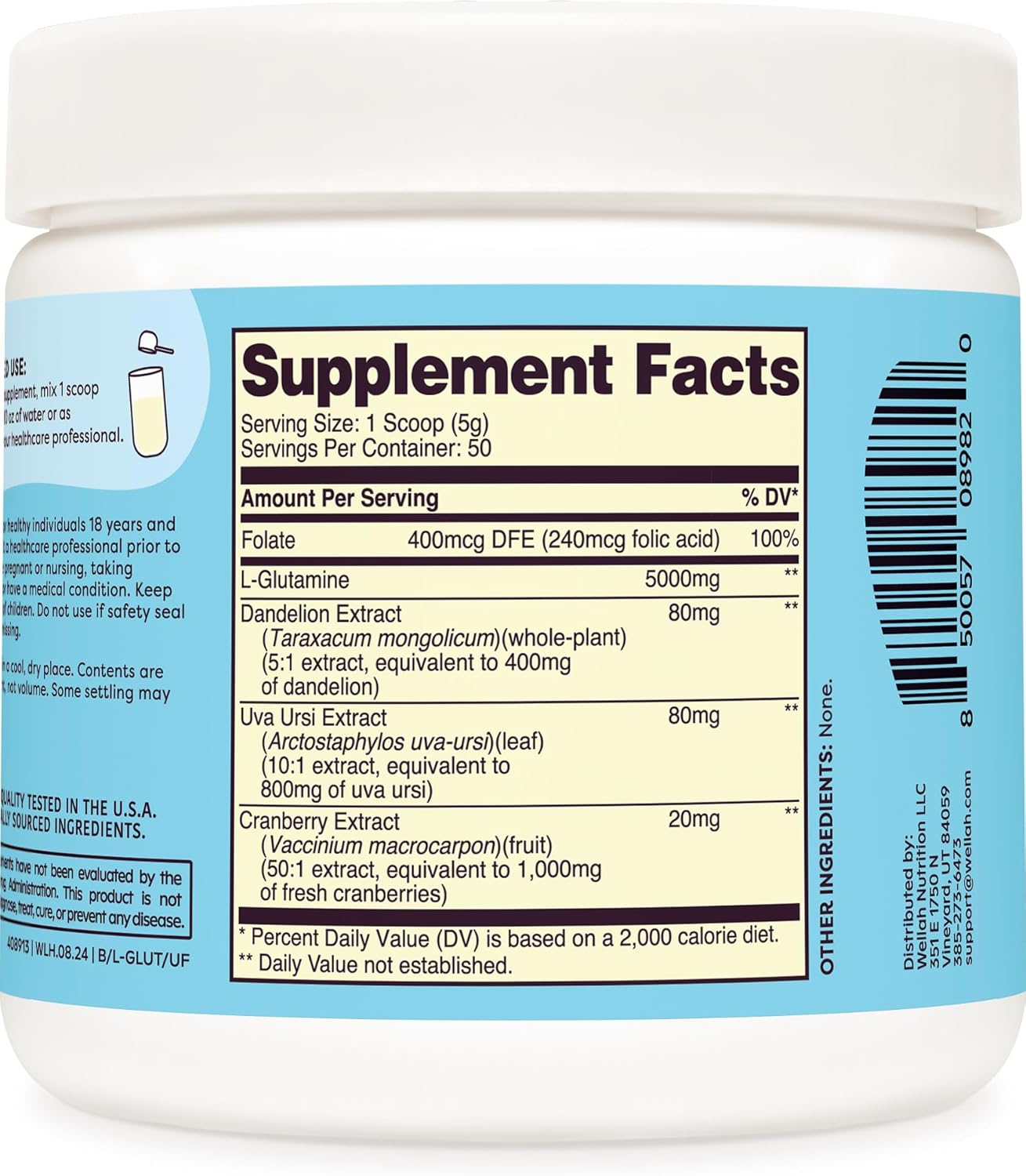 Wellah L-Glutamine Powder: Unflavored, 5g per Serving, Sweetened with Stevia - 50 Servings