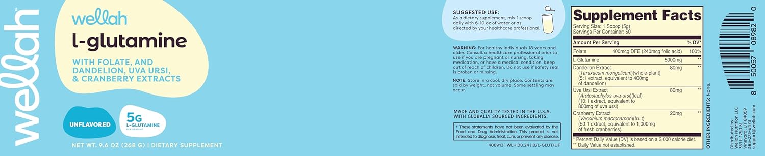 Wellah L-Glutamine Powder: Unflavored, 5g per Serving, Sweetened with Stevia - 50 Servings