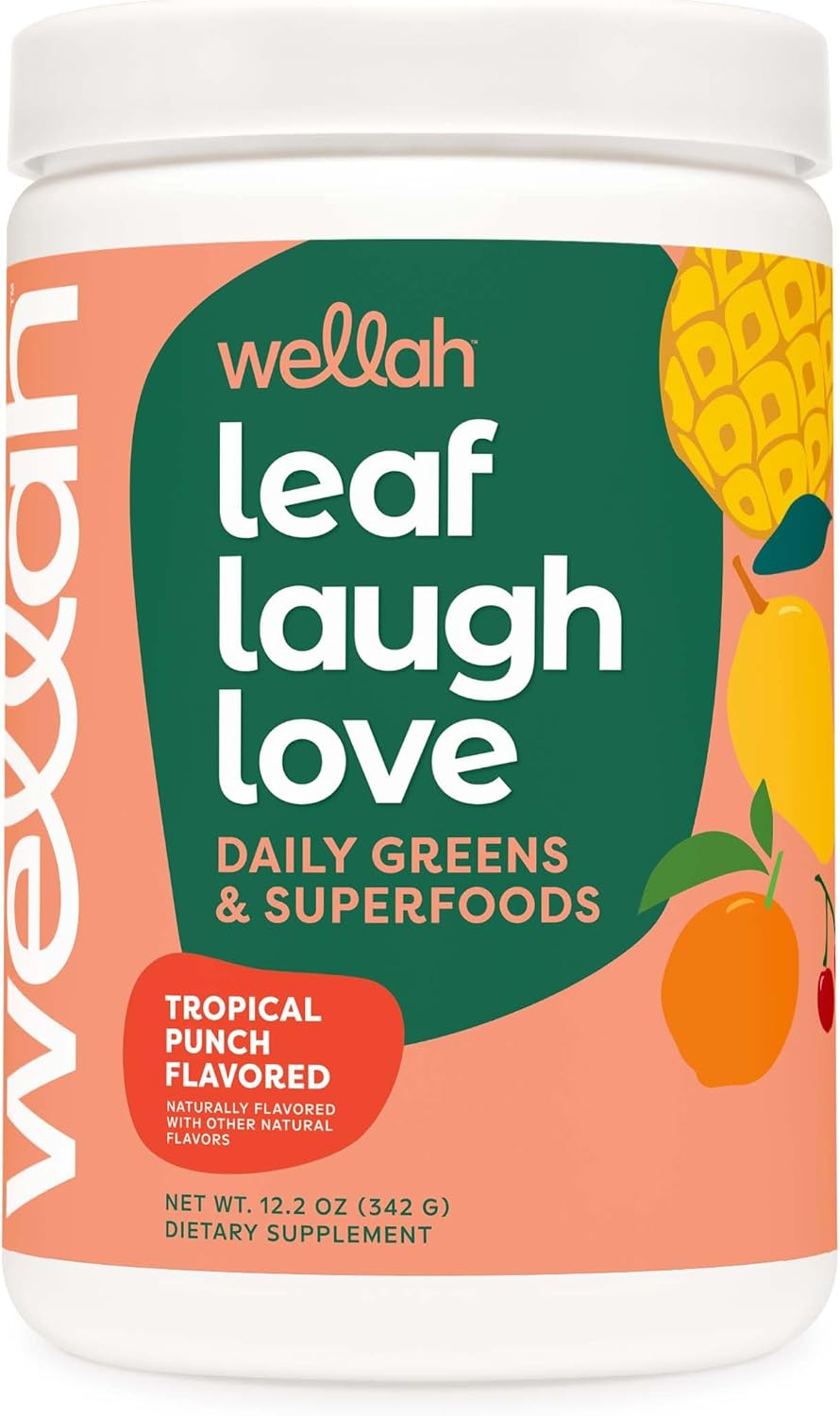 Wellah Leaf Super Greens Powder (Tropical Punch) - 30 Servings of Superfood Supplement Drink Mix for Energy and Vitality