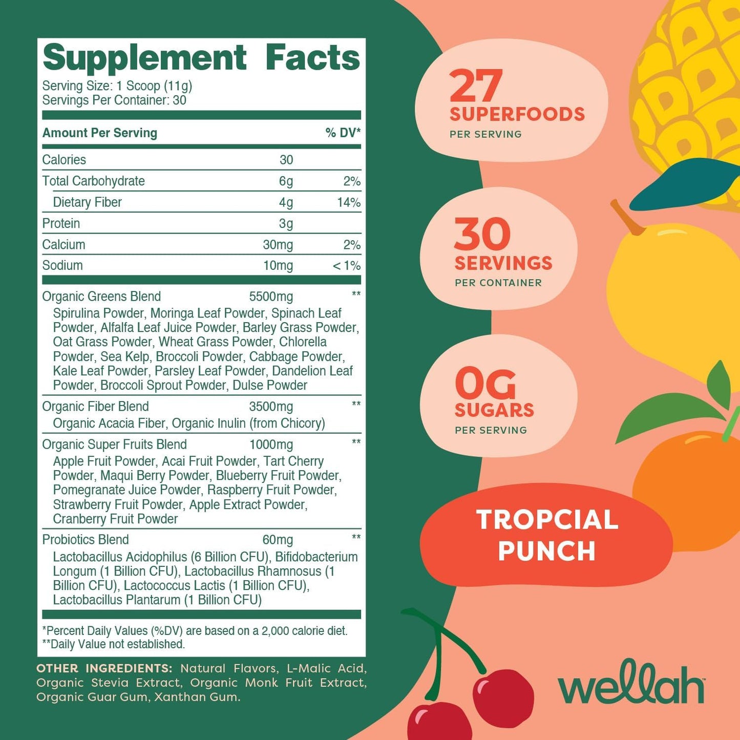 Wellah Leaf Super Greens Powder (Tropical Punch) - 30 Servings of Superfood Supplement Drink Mix for Energy and Vitality