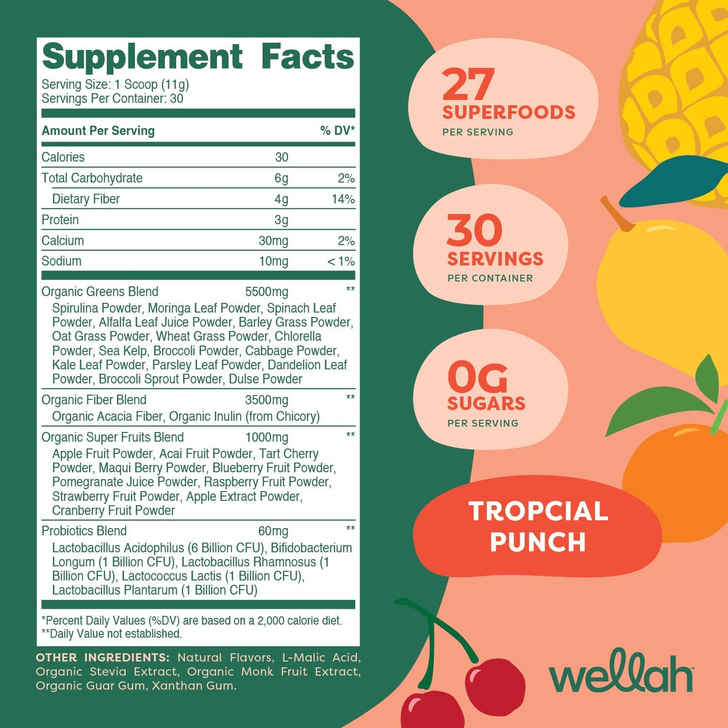 Wellah Leaf Super Greens Powder (Tropical Punch) - 30 Servings of Superfood Supplement Drink Mix for Energy and Vitality