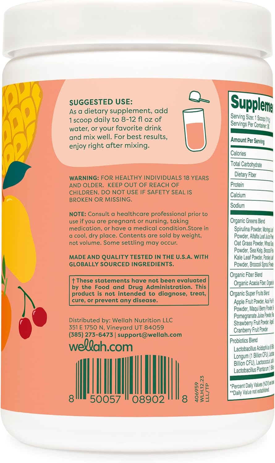 Wellah Leaf Super Greens Powder (Tropical Punch) - 30 Servings of Superfood Supplement Drink Mix for Energy and Vitality