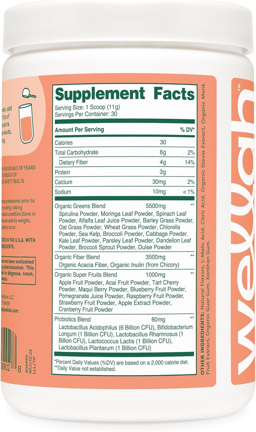 Wellah Leaf Super Greens Powder (Tropical Punch) - 30 Servings of Superfood Supplement Drink Mix for Energy and Vitality