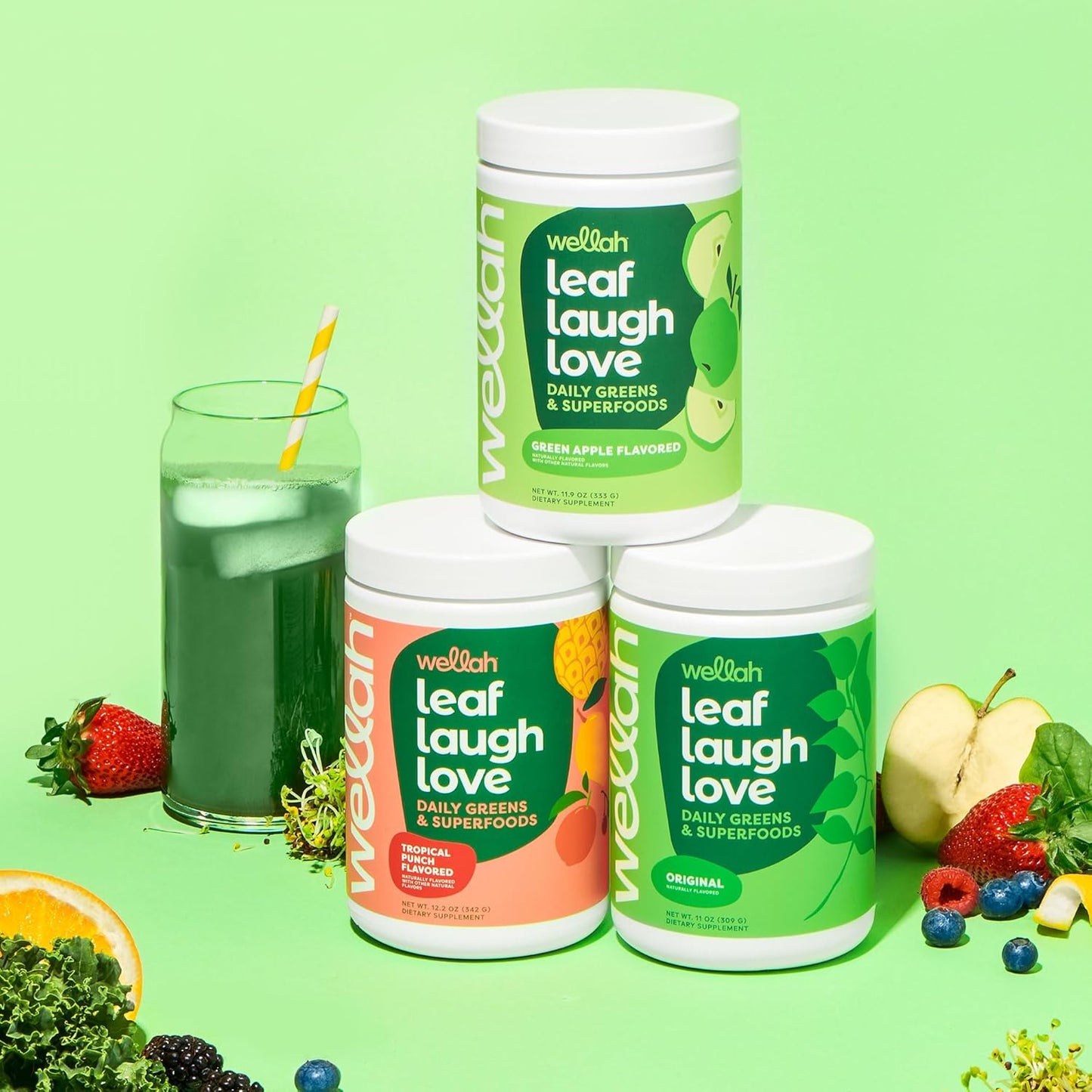 Wellah Leaf Super Greens Powder (Tropical Punch) - 30 Servings of Superfood Supplement Drink Mix for Energy and Vitality