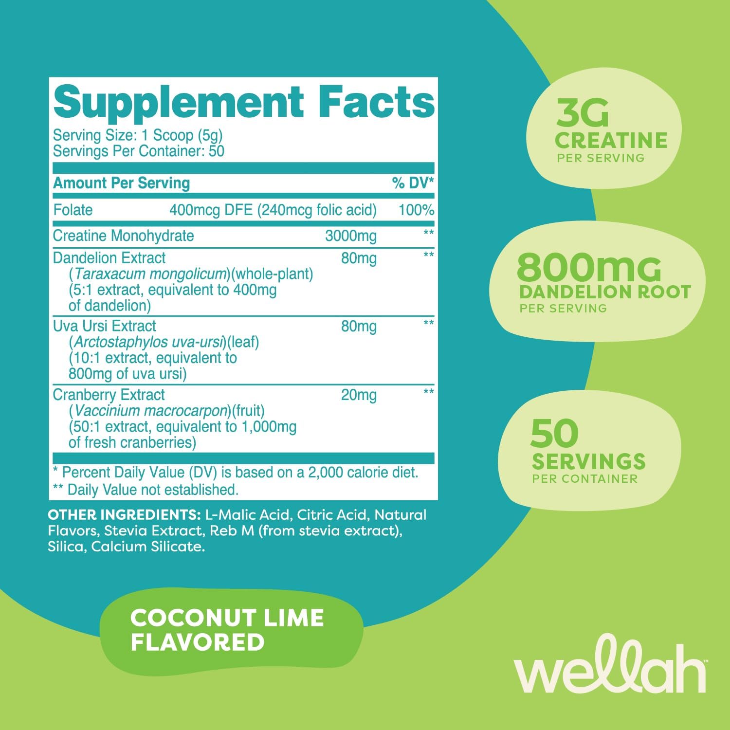 Wellah Pump-It-Up Creatine: Coconut Lime Flavor, 50 Servings, with Dandelion, Uva Ursi, & Cranberry Extract