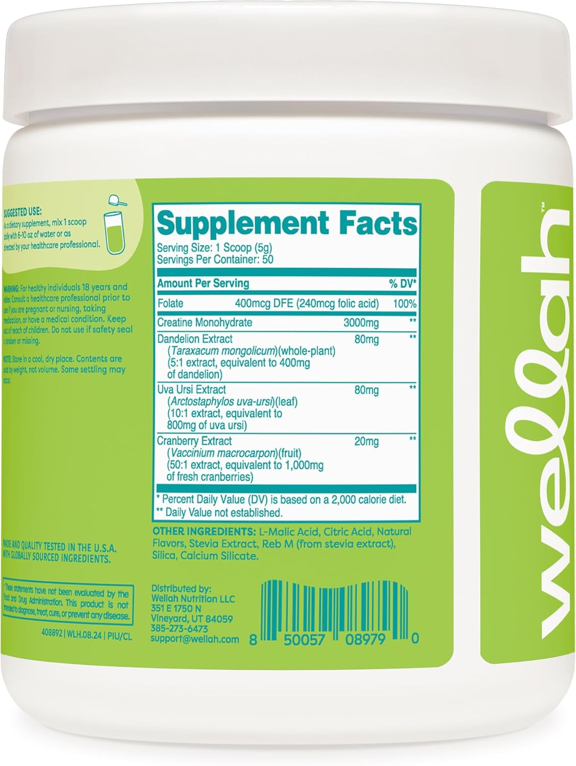 Wellah Pump-It-Up Creatine: Coconut Lime Flavor, 50 Servings, with Dandelion, Uva Ursi, & Cranberry Extract