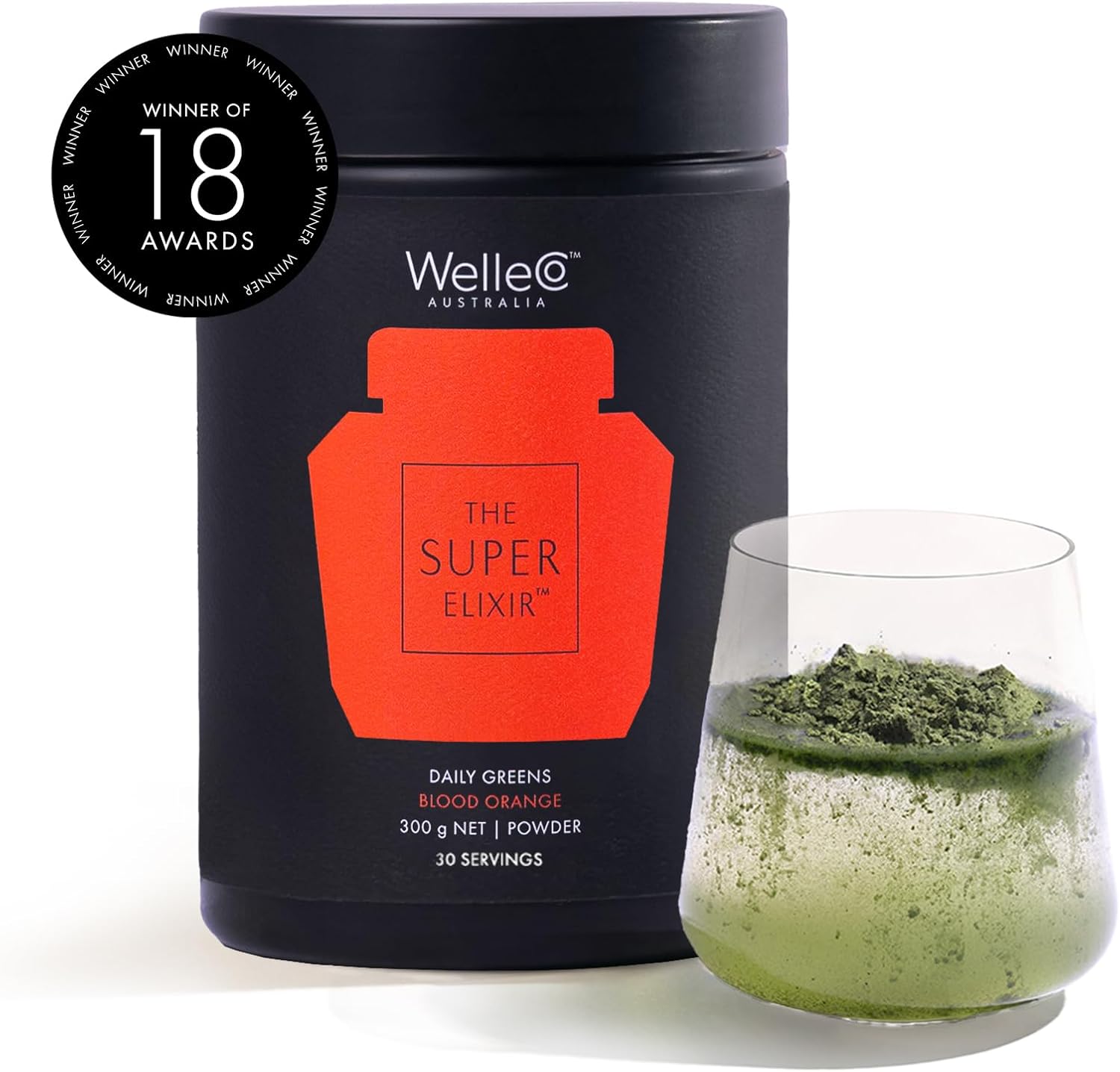 WelleCo Blood Orange Super Elixir Daily Greens Powder - Probiotic Drink Mix for Gut Health, Energy, Immunity, Vegan & Gluten-Free