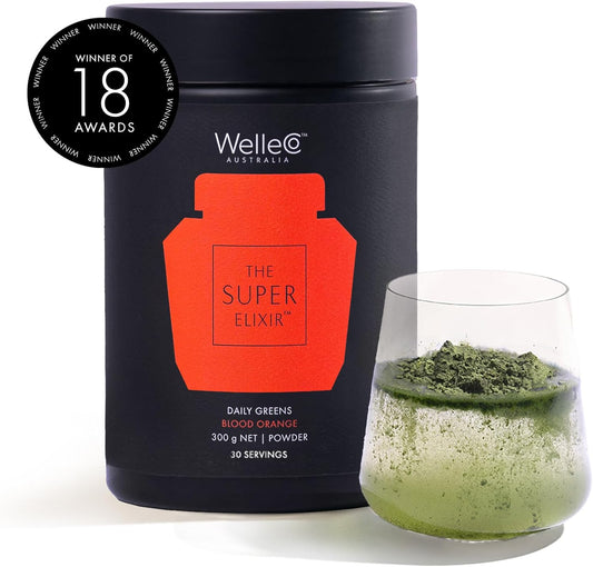 WelleCo Blood Orange Super Elixir Daily Greens Powder: Probiotic Drink Mix, Gluten-Free, Vegan Gut Health Powder for Energy, Immunity, Healthy Skin, Hair & Nails