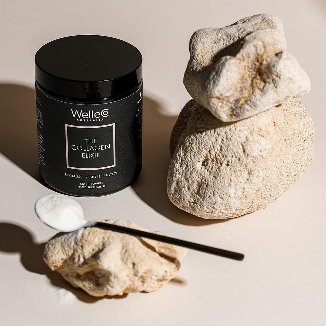 WelleCo Collagen Elixir Powder with Marine Peptides, Vitamin C, Hyaluronic Acid, Enzymes, Silica - Skin, Hair, Nails - Gluten Free - 4.23 oz