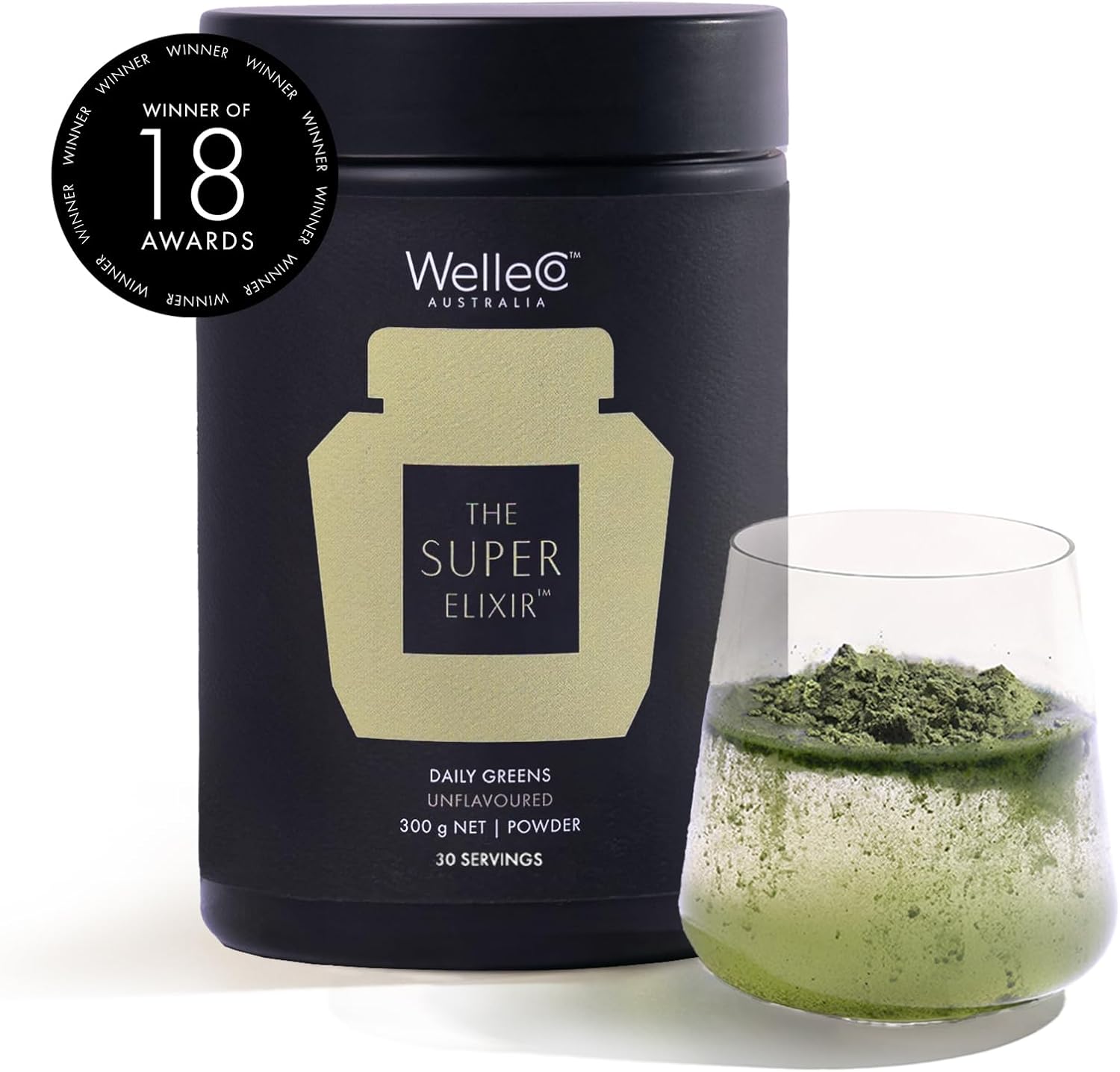WelleCo Super Elixir Daily Greens Powder - Probiotic Drink Mix for Gut Health, Energy, Immunity, Skin, Hair & Nails - Gluten-Free, Vegan (300g)