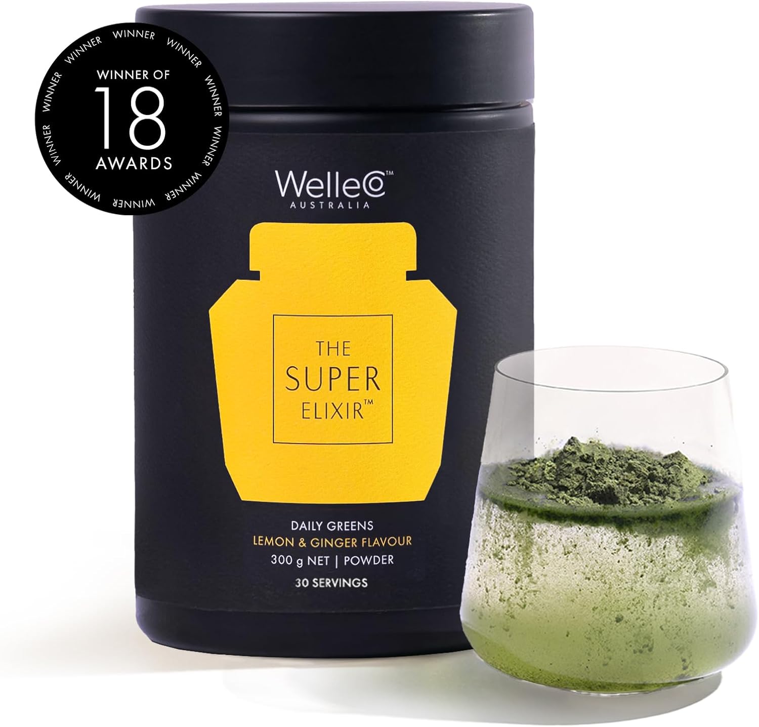 WelleCo Super Elixir Daily Greens Powder: Probiotic Drink Mix for Gut Health, Energy & Immunity - Gluten Free, Vegan (300g, Lemon Ginger)