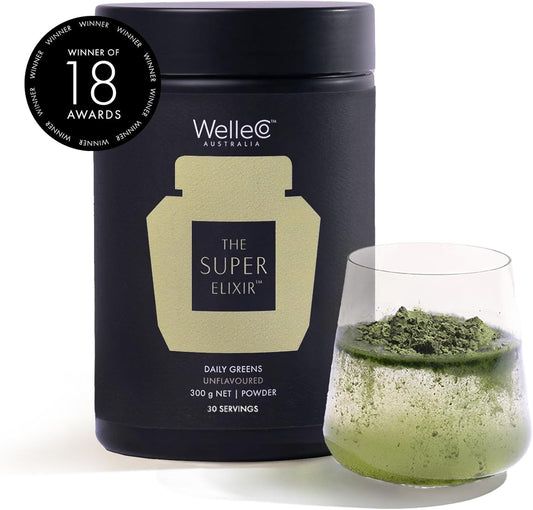 WelleCo Super Elixir Daily Greens Probiotic Drink Mix - Whole Foods, Gluten Free, Vegan Gut Health Powder for Energy, Immunity, Skin, Hair, Nails - 300g Jar