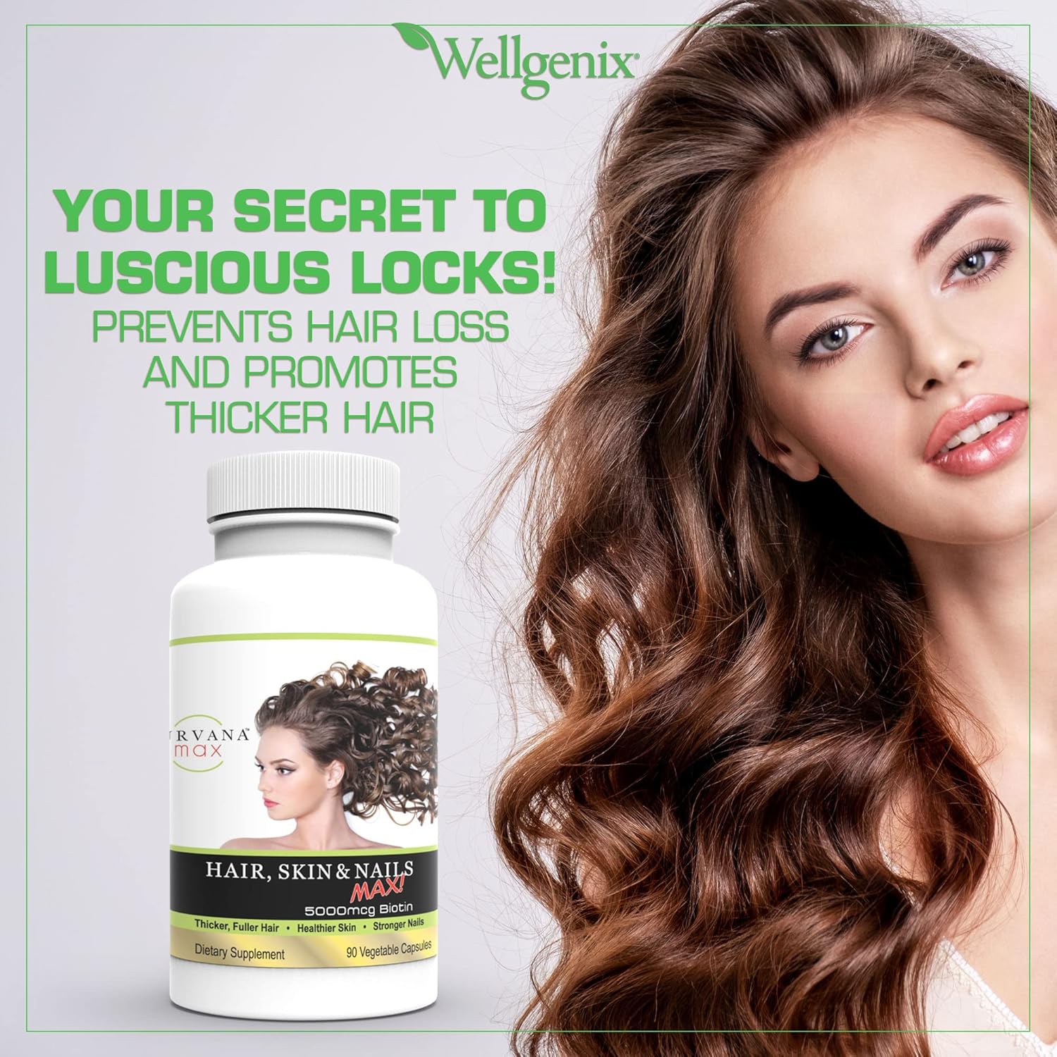 Wellgenix Purvana Max Hair, Skin & Nails Supplement with Biotin 5000mcg - Promotes Hair Growth, Prevents Hair Loss - Vegan Formula for Women & Men - Ideal for Post Partum & PCOS - 90 Count, 1 Pack