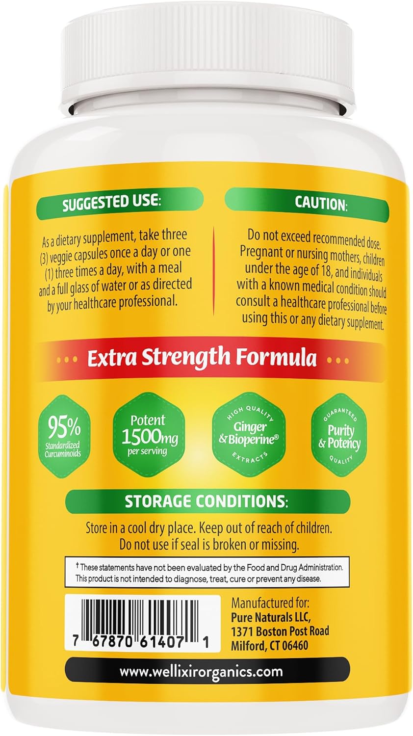 Wellixir Turmeric Supplement 2-Pack with Black Pepper & Ginger - Joint Health Support - 95% Curcuminoids - 360 Capsules total