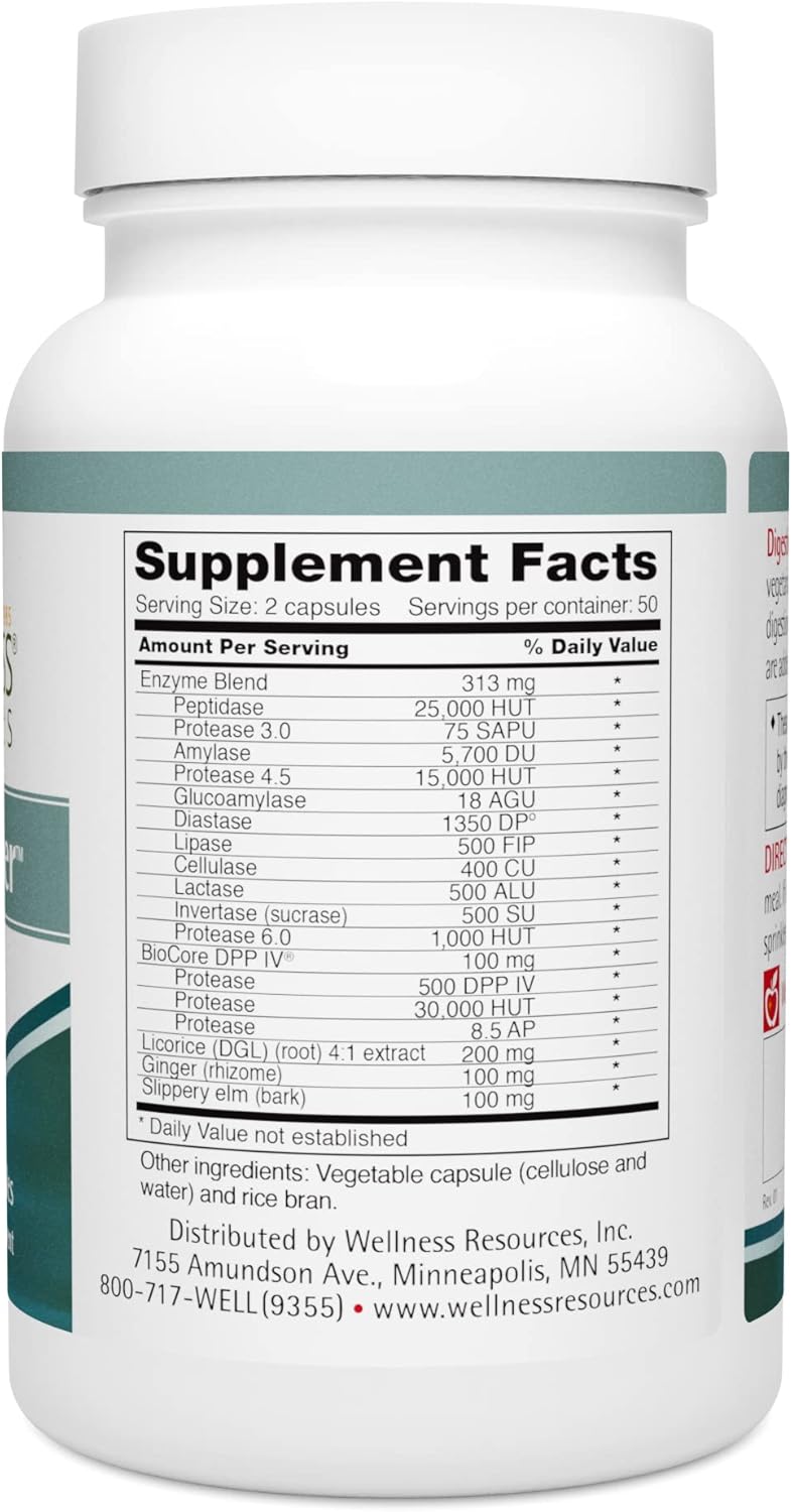 Wellness Resources Digestive Enzyme Supplement with BioCore DPP IV - 100 Capsules, Vegetarian - Gluten, Fat, Casein, Protein Breakdown